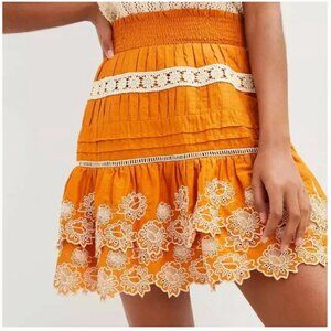 Anthropologie Orange Floral and Lace Mini Skirt